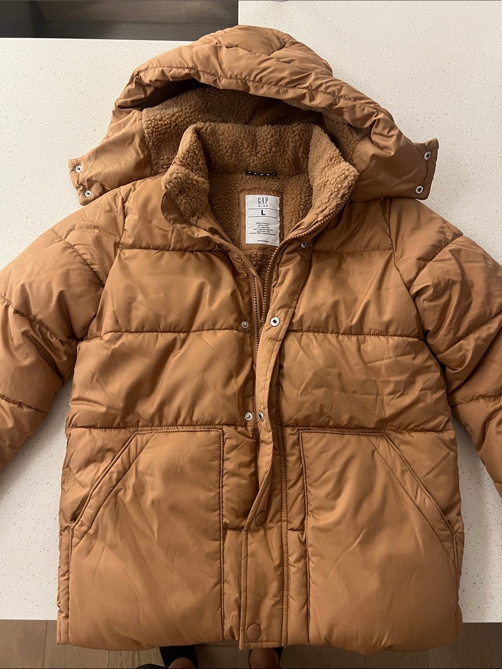 GAP Kids Tan Puffer Jacket with Sherpa-Lined Hood